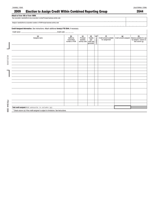 Fillable California Form 3544 - Election To Assign Credit Within Combined Reporting Group - 2009 Printable pdf
