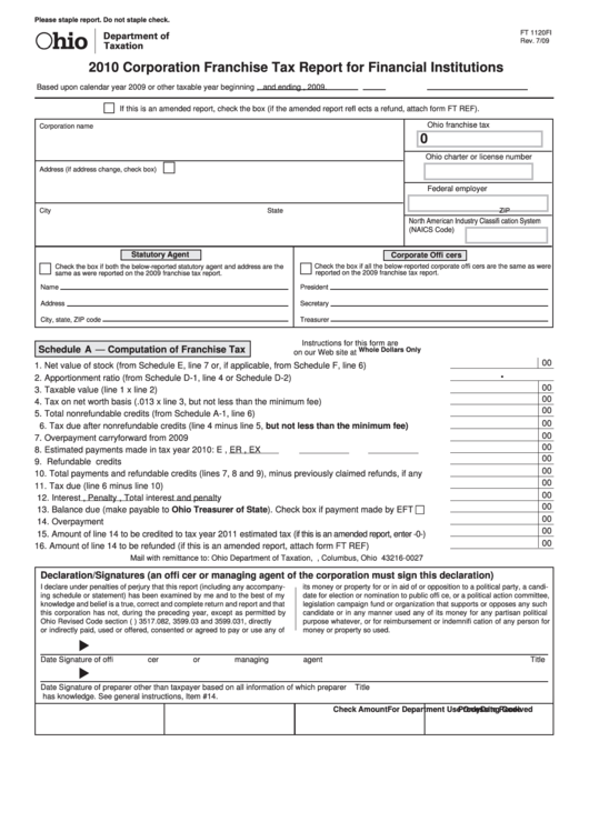 Fillable Form Ft 1120fi - Corporation Franchise Tax Report Form For Financial Institutions - 2010 Printable pdf