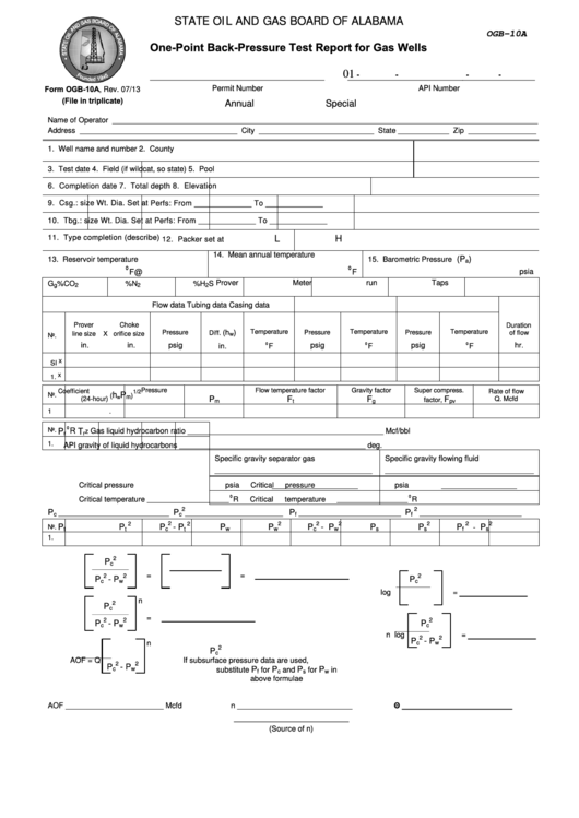 Fillable Form Ogb-10a - One-Point Back-Pressure Test Report For Gas Wells Printable pdf