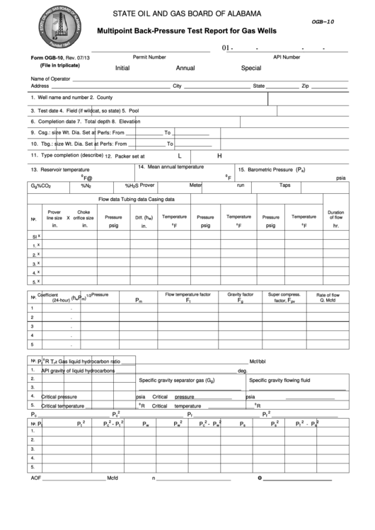 Fillable Form Ogb-10 - Multipoint Back-Pressure Test Report For Gas Wells Printable pdf