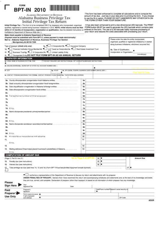 Fillable Form Bpt-In - Alabama Business Privilege Tax Initial Privilege Tax Return - 2010 Printable pdf