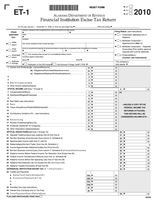 Fillable Form Et-1 - Financial Institution Excise Tax Return - 2010 Printable pdf