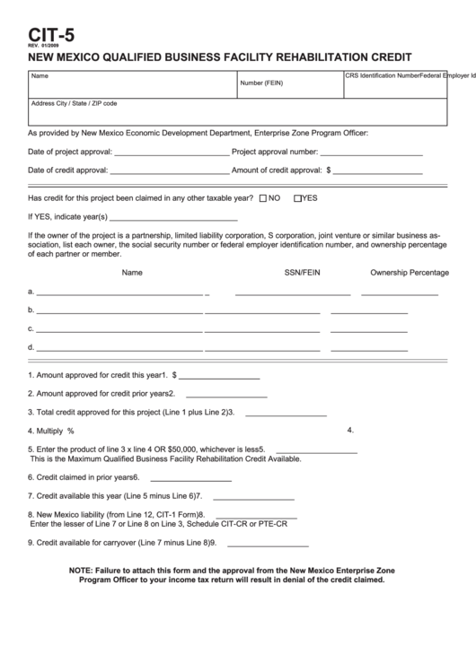 Form Cit-5 - New Mexico Qualified Business Facility Rehabilitation Credit - 2009 Printable pdf