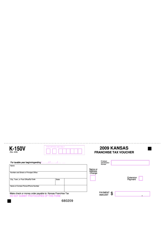 Fillable Form K-150v - Kansas Franchise Tax Voucher - 2009 Printable pdf