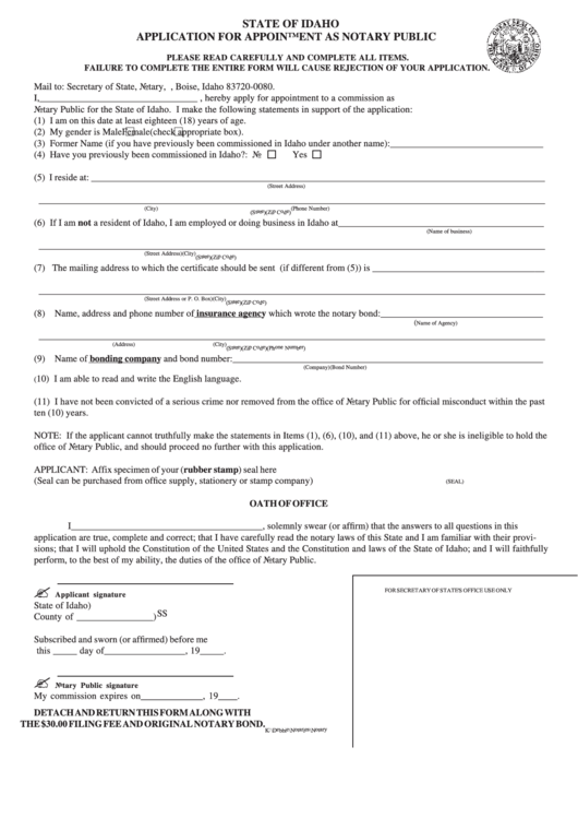 Application For Appointment As Notary Public Form - Bureau Of Occupational Licenses, State Of Idaho Printable pdf