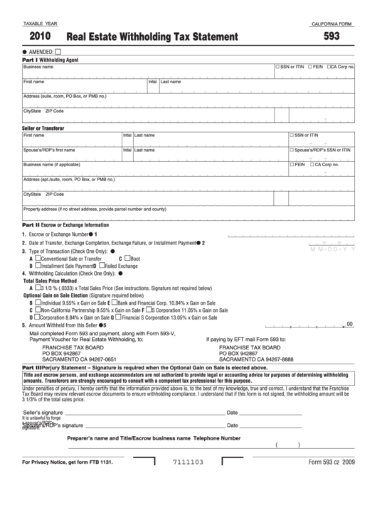 Fillable California Form 593 - Real Estate Withholding Tax Statement - 2010 Printable pdf