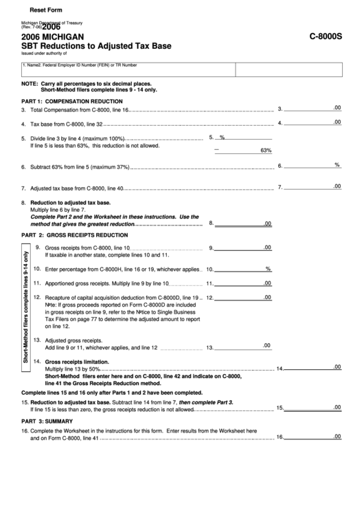 Fillable Form C-8000s - Michigan Sbt Reductions To Adjusted Tax Base - 2006 Printable pdf