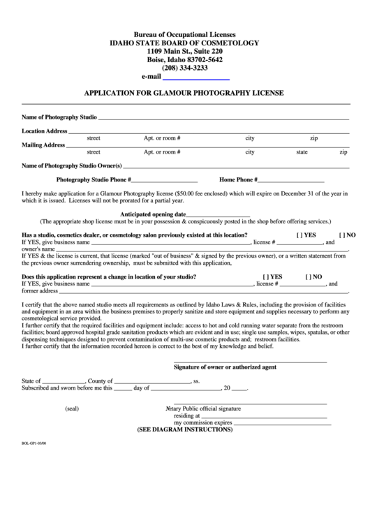 Application For Glamour Photography License Form - Bureau Of Occupational Licenses, State Of Idaho Printable pdf