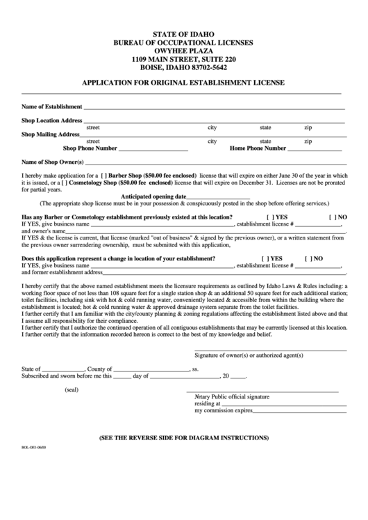 Application For Original Establishment License Form - Idaho Bureau Of Occupational Licenses Printable pdf