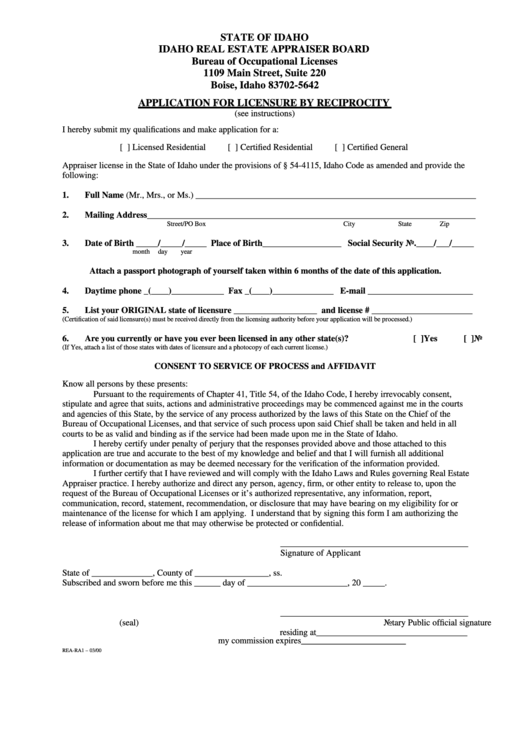 Application For Licensure By Reciprocity Form - Idaho Bureau Of Occupational Licenses Printable pdf