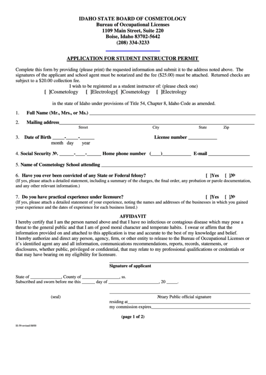 Form Si-59 - Application For Student Instructor Permit Printable pdf