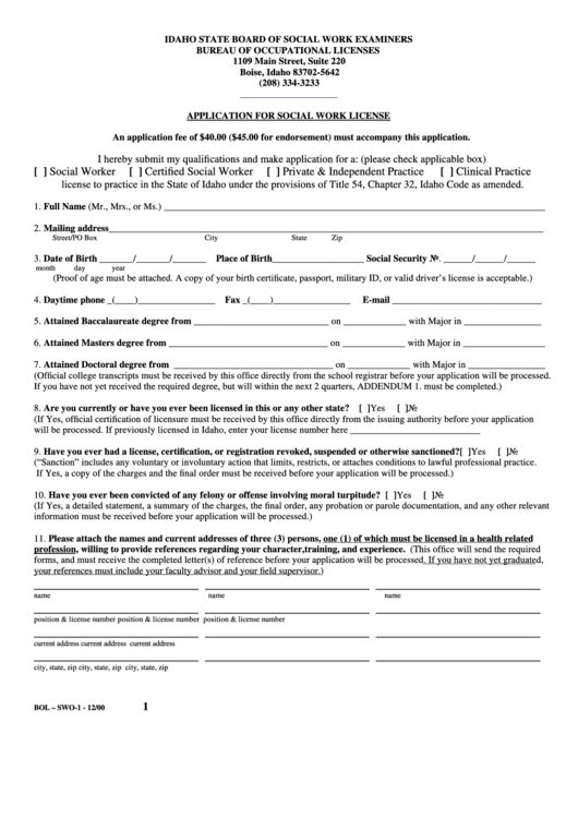 Application For Social Work License Form - Bureau Of Occupational Licenses, State Of Idaho Printable pdf