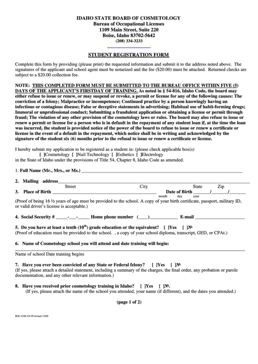 Form Bol-Cos-Cs-5 - Student Registration Form - Idaho State Board Of Cosmetology Bureau Of Occupational Licenses Printable pdf