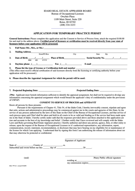 Application For Temporary Practice Permit Form - Idaho Bureau Of Occupational Licenses Printable pdf