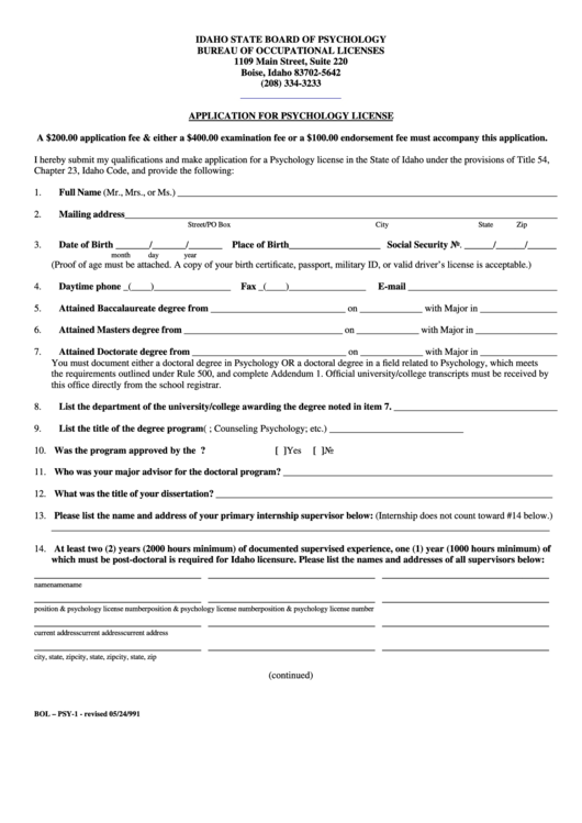 Application For Psychology License Form - Bureau Of Occupational Licenses, State Of Idaho Printable pdf