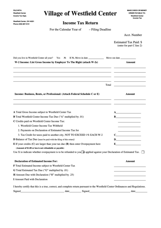 Income Tax Return Form - Village Of Westfield Center Printable pdf