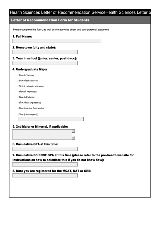 Fillable Health Sciences Letter Of Recommendation Service Form Printable pdf