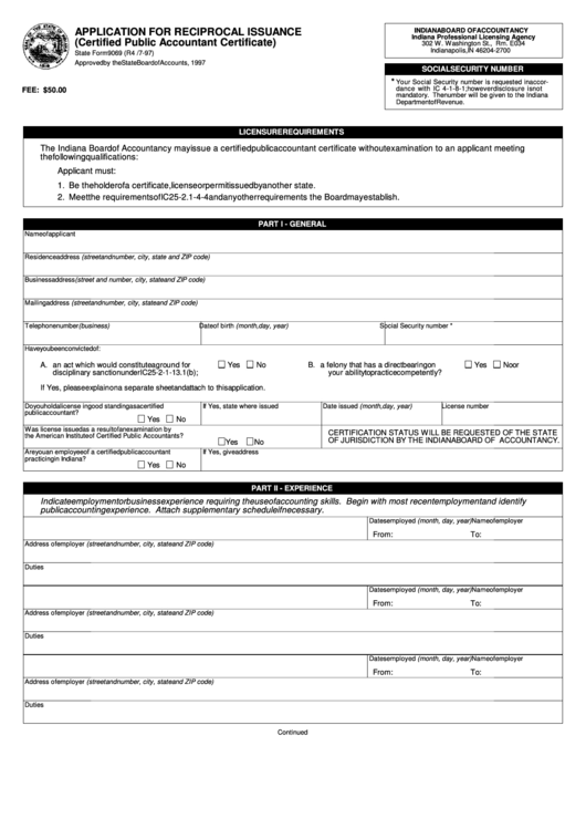 Fillable Form 9069 - Application For Reciprocal Issuance (Certified Public Accountant Certificate) - Indiana Professional Licensing Agency Printable pdf