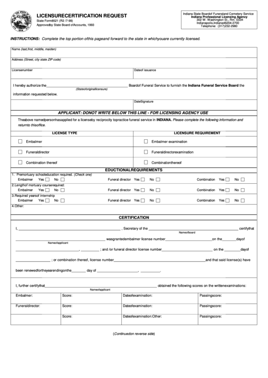 Fillable Form 8521 - Licensure Certification Request - Indiana Professional Licensing Agency Printable pdf