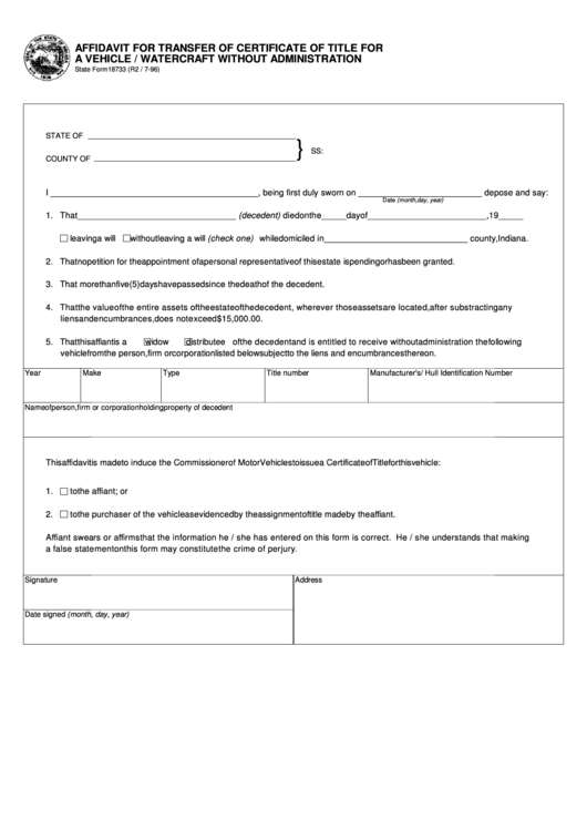 Fillable Form 18733 - Affidavit For Transfer Of Certificate Of Title For A Vehicle / Watercraft Without Administration - State Of Indiana Printable pdf