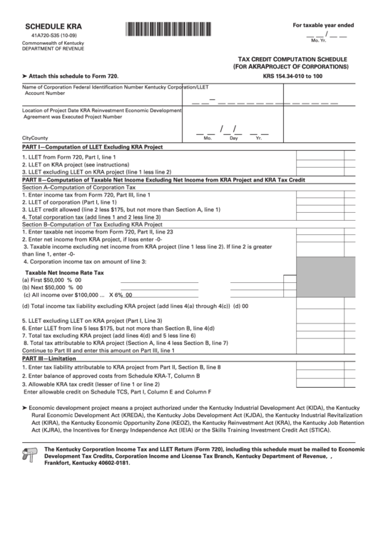 Form 41a720-S35 - Schedule Kra - Tax Credit Computation Schedule - Kentucky Department Of Revenue - 2009 Printable pdf