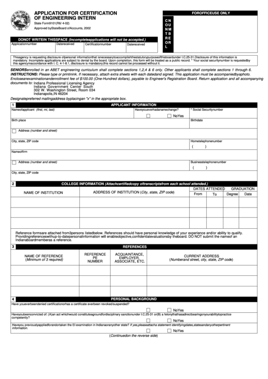 State Form 9101 - Indiana Application For Certification Of Engineering Intern - 2002 Printable pdf