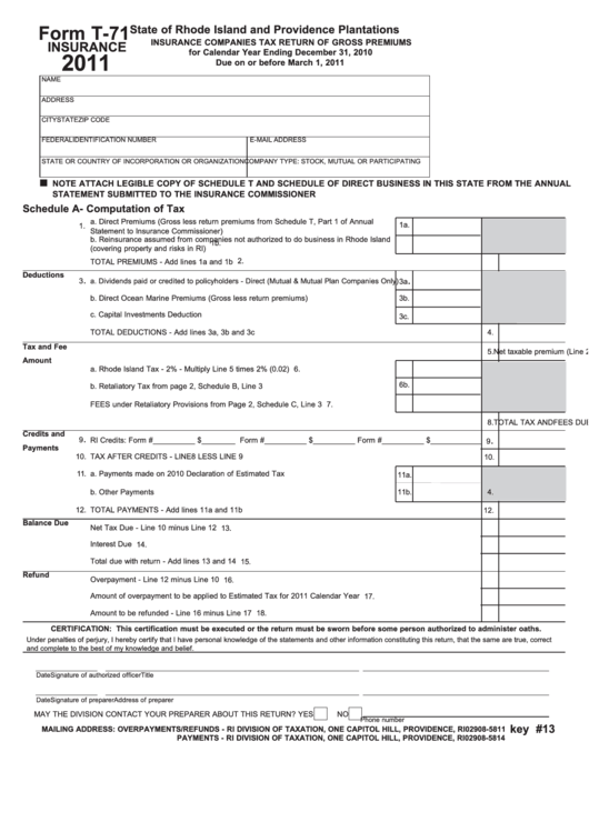 Form T-71 - Insurance Companies Tax Return Of Gross Premiums - 2011 Printable pdf
