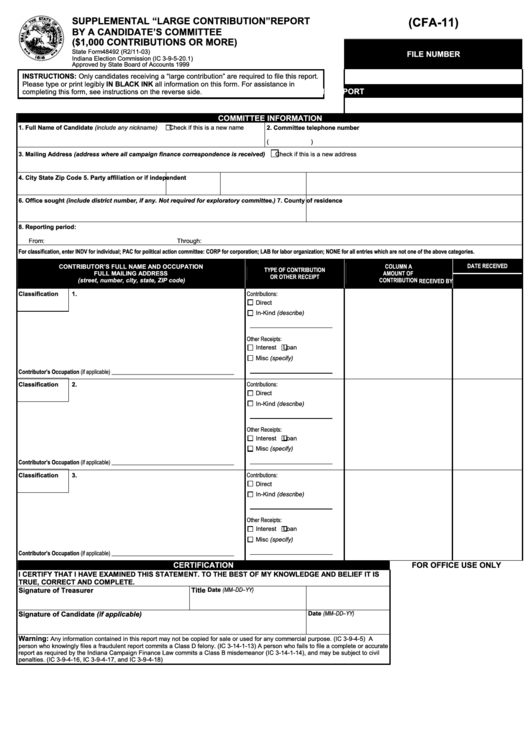 State Form 48492 - Supplemental Large Contribution Report By A Candidate