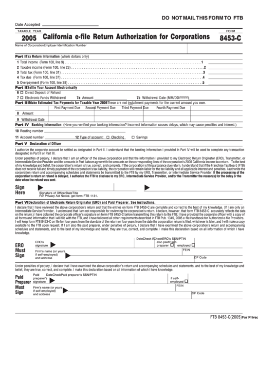 Form 8453-C - California E-File Return Authorization For Corporations 2005 Printable pdf