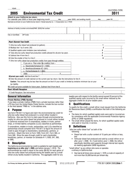 Ca Form 3511 - Environmental Tax Credit 2005 Printable pdf