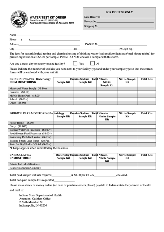 Fillable Form 46270 - Water Test Kit Order - Indiana State Department Of Health Printable pdf