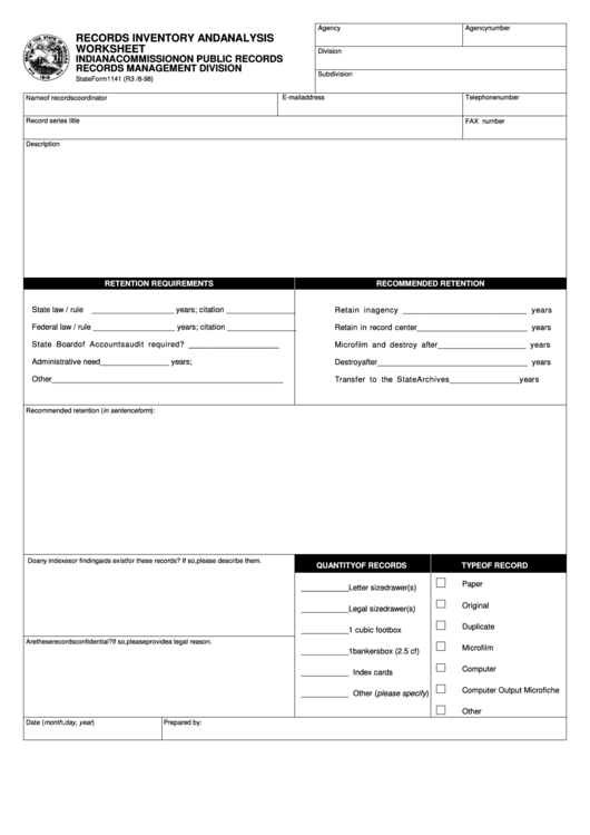 Fillable Form 1141 - Records Inventory And Analysis Worksheet - State Of Indiana Printable pdf
