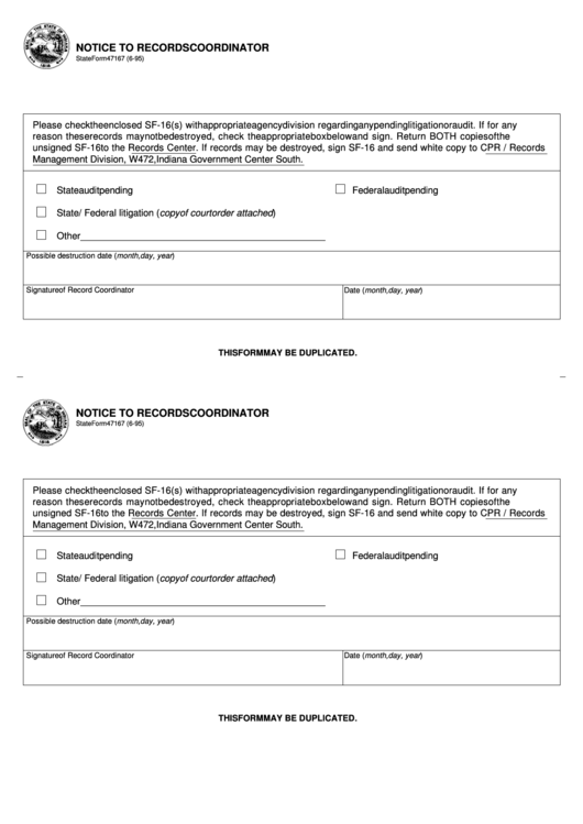 Fillable Form 47167 - Notice To Records Coordinator - State Of Indiana Printable pdf