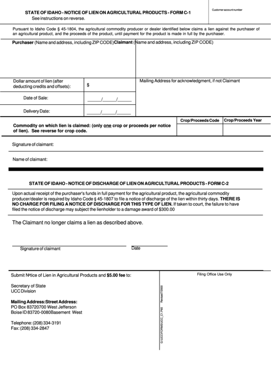 Form C-1 - Notice Of Lien On Agricultural Products - Secretary Of State, State Of Idaho Printable pdf