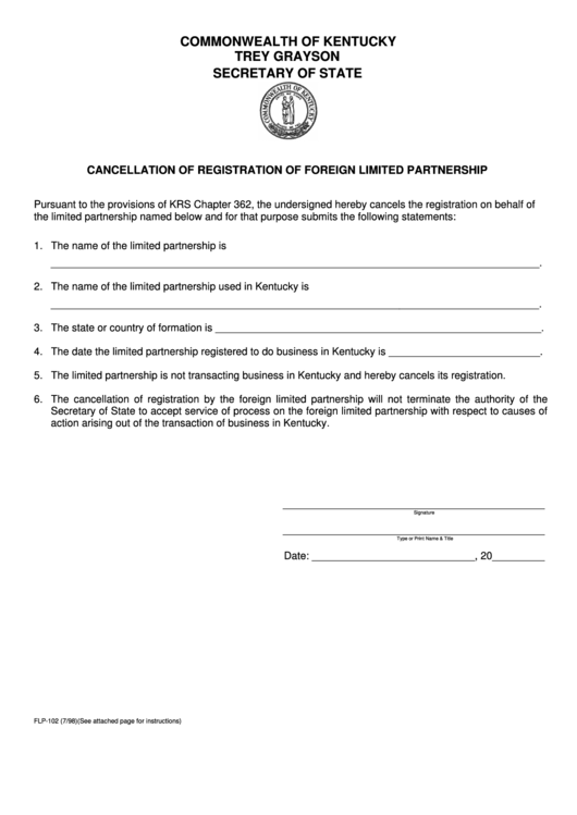 Fillable Form Flp-102 - Cancellation Of Registration Of Foreign Limited Partnership - Secretary Of State, State Of Kentucky Printable pdf