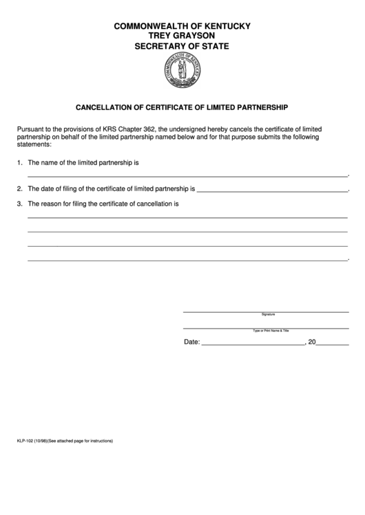 Fillable Form Klp-102 - Cancellation Of Certificate Of Limited Partnership Printable pdf