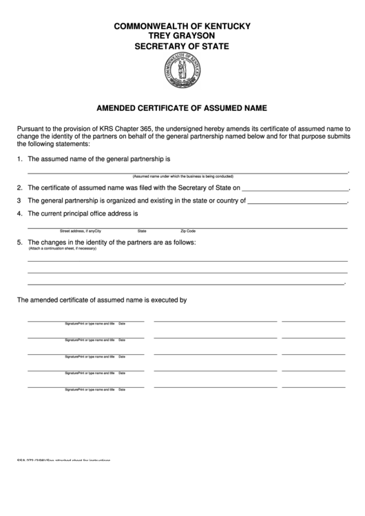 Fillable Form Ssa-272 - Amended Certificate Of Assumed Name Printable pdf