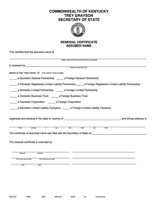 Fillable Form Ssr-227 - Renewal Certificate Assumed Name - 1998 Printable pdf