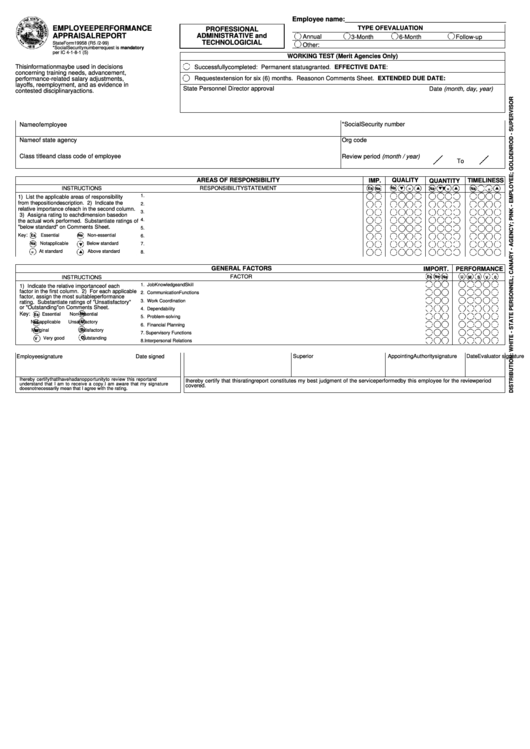 Fillable State Form 19958 - Employee Performance Appraisal Report - Professional Administrative And Technologicial Printable pdf