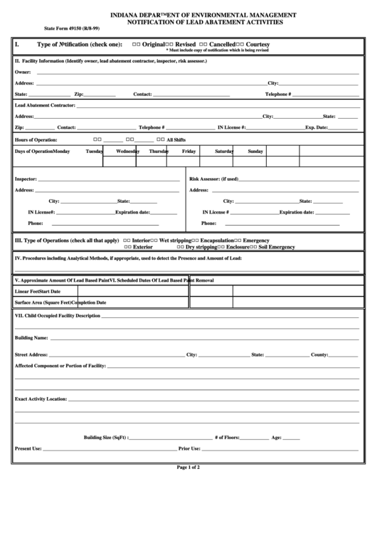 Fillable Form 49150 - Notification Of Lead Abatement Activities - Indiana Department Of Environmental Management Printable pdf