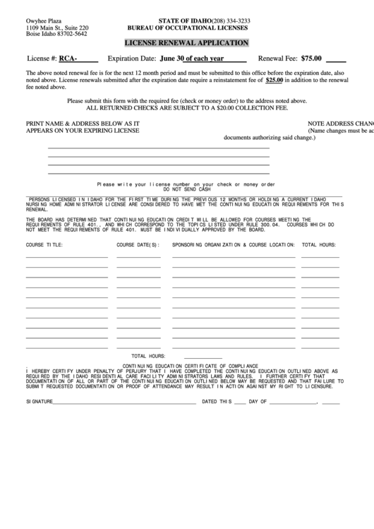 License Renewal Application Form (License #: Rca- )- State Of Idaho Printable pdf