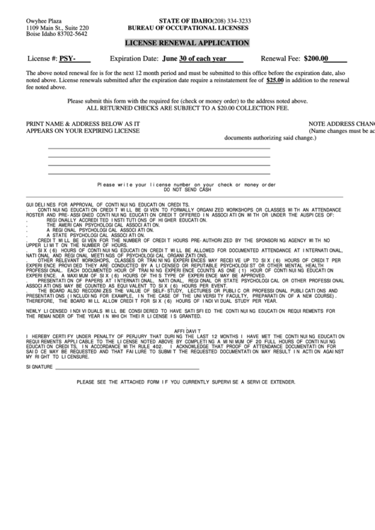 License Renewal Application Form (License #: Psy- ) - State Of Idaho Printable pdf