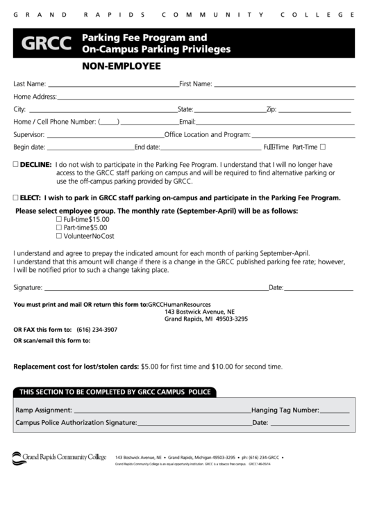 Fillable Non-Employee Parking Fee Program And On-Campus Parking Privileges Enrollment Form Printable pdf