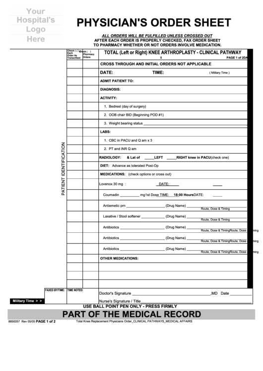 Physician S Order Sheet Printable Pdf Download