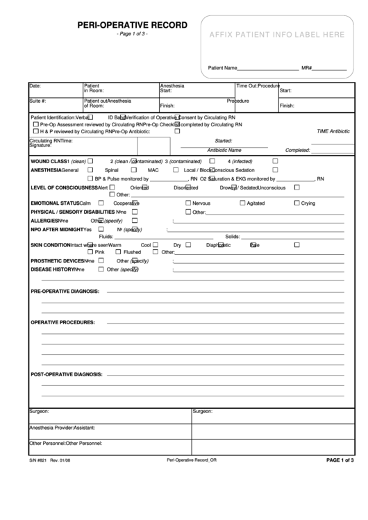 Peri-Operative Record Form Printable pdf
