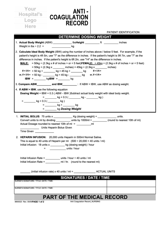 Anti-Coagulation Record Form Printable pdf
