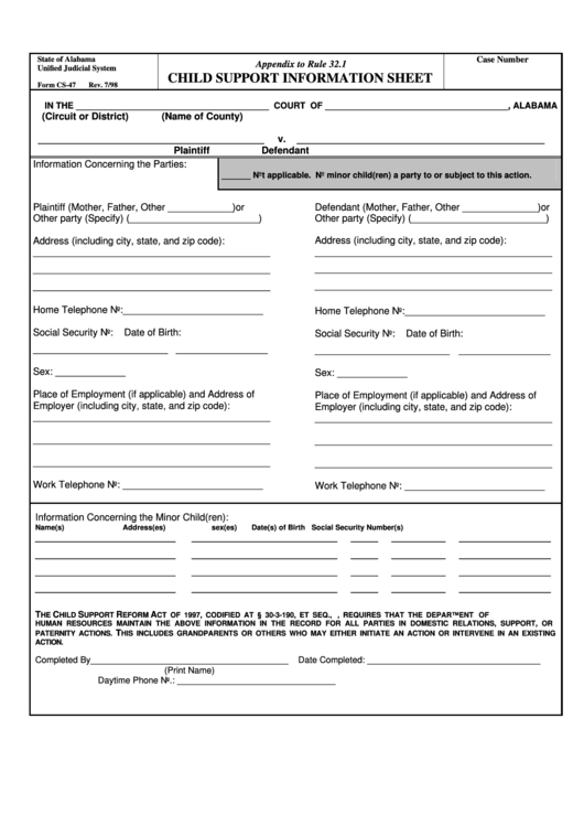 Fillable Form Cs-47 - Child Support Information Sheet - State Of Alabama Unified Judicial System Printable pdf