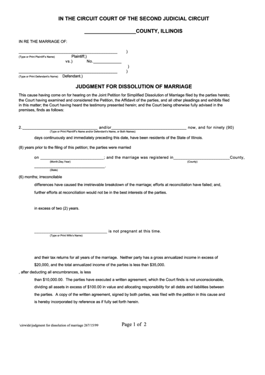 Fillable Judgment For Dissolution Of Marriage Form Printable pdf