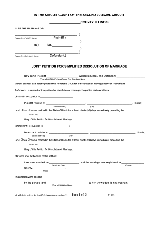 Fillable Joint Petition For Simplified Dissolution Of Marriage Form - State Of Illinois Printable pdf