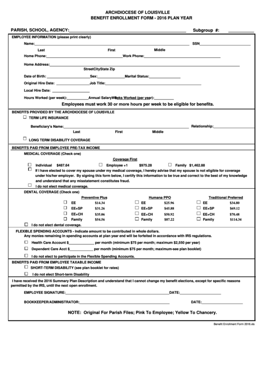 Fillable Benefit Enrollment Form - Archdiocese Of Louisville Printable pdf